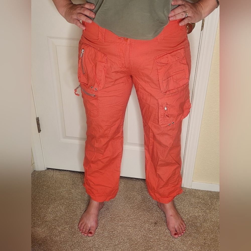 Lulu-B 10 Coral Red Full Length Roll Up Zipper Cargo Women’s Pants